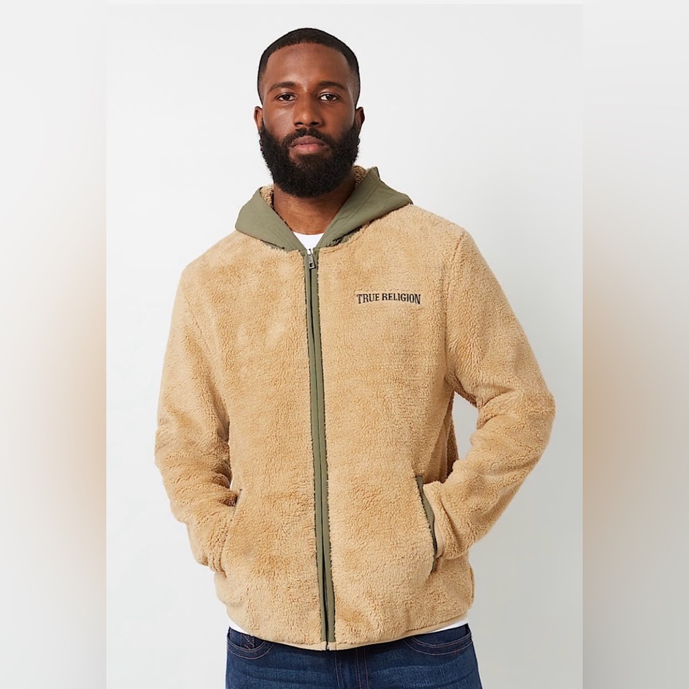 True Religion Men’s S Logo Contrast Sherpa Zip Hoodie Jacket Brown/Green NWT